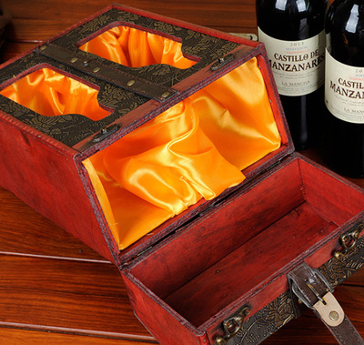 批發定做精品紅酒木盒禮品木質仿古鏤空雙支葡萄酒禮盒復古皮盒